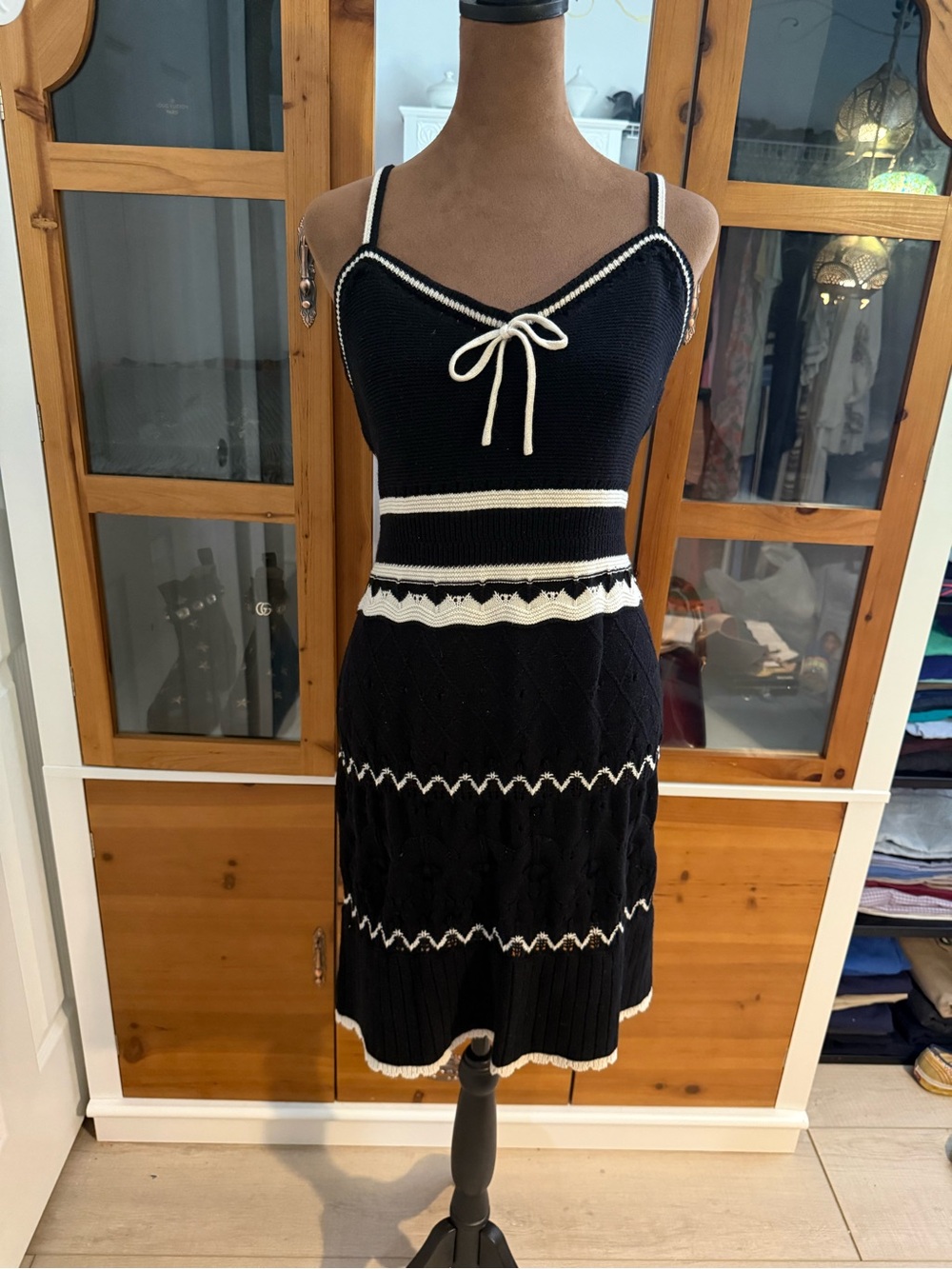 Black Knit Midi Dress with White Contrast Trim
